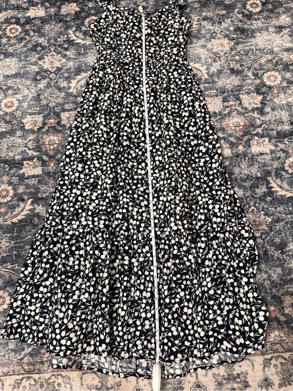 🦋 RIXO| EUC Black Floral Ruffle Strap Open back cottage core midi dress size 2 - Picture 9 of 10